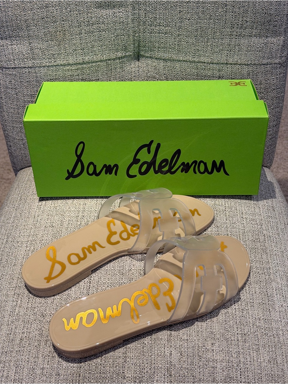 Sam Edelman Clear Jelly Slide Sandals in “Sand”